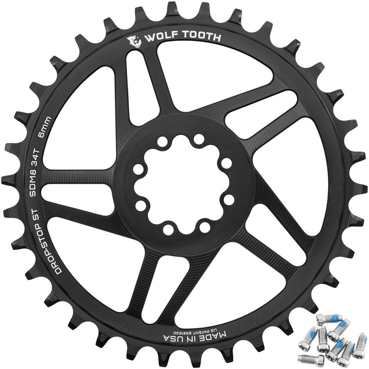 Wolf Tooth Direct Mount Chainring - 34t SRAM 8-Bolt Direct Mount 6mm Offset Drop-Stop ST Requires 12-Speed HG+ Chain BLK