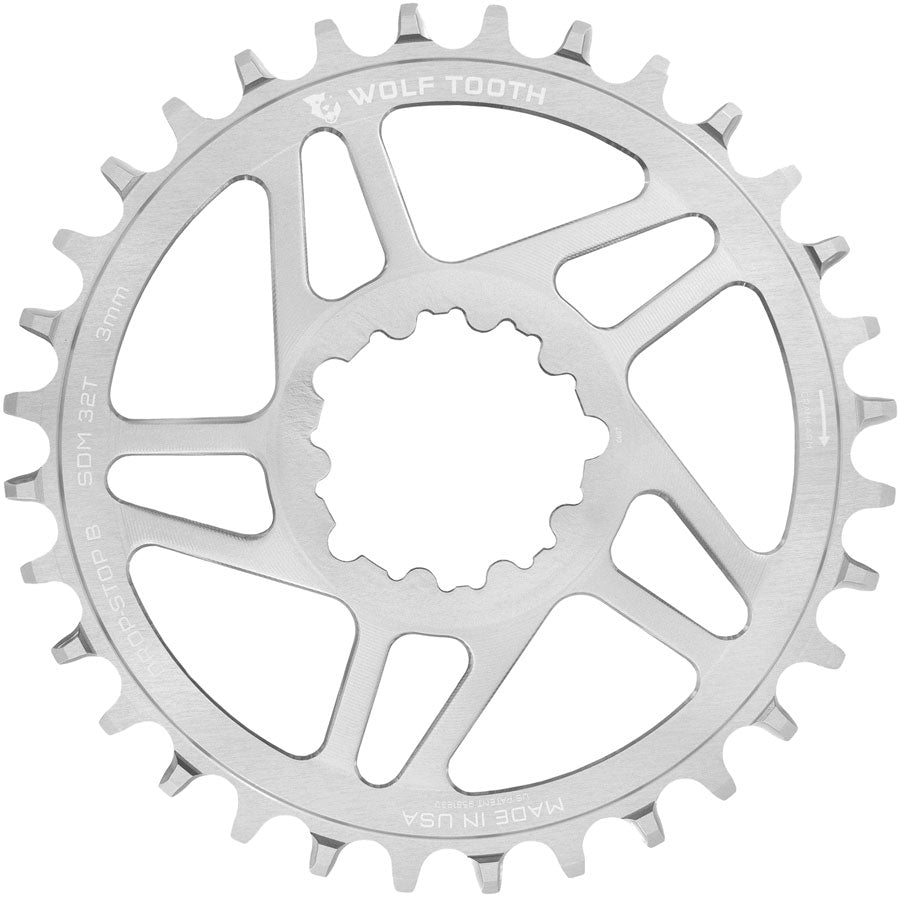 Wolf Tooth Direct Mount Chainring - 32t SRAM Direct Mount Drop-Stop B For SRAM 3-Bolt Boost Cranks 3mm Offset Raw Silver