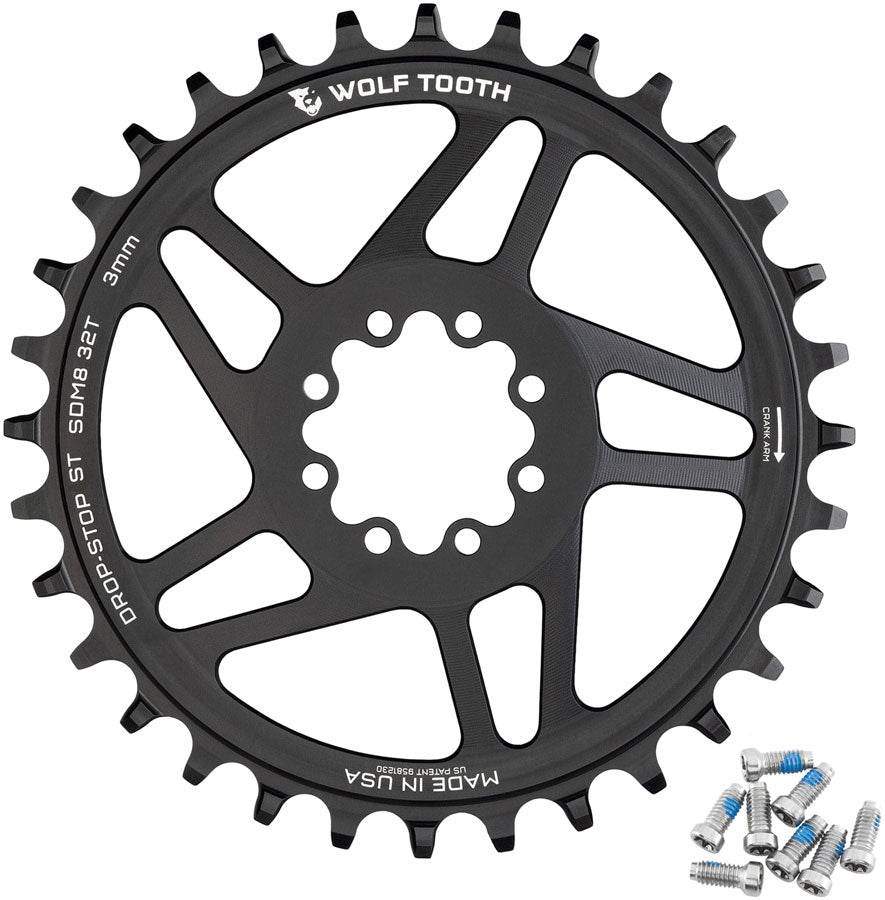 Wolf Tooth Direct Mount Chainring - 32t SRAM 8-Bolt Direct Mount 3mm Offset Drop-Stop ST Requires 12-Speed HG+ Chain BLK