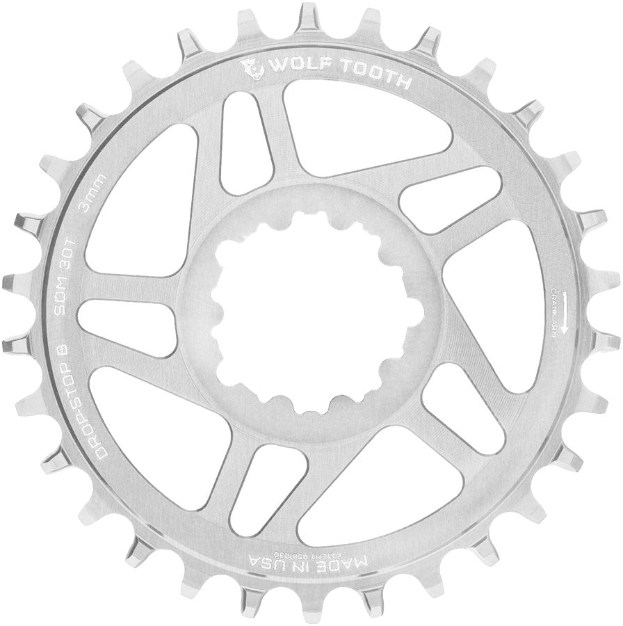 Wolf Tooth Direct Mount Chainring - 30t SRAM Direct Mount Drop-Stop B For SRAM 3-Bolt Boost Cranks 3mm Offset Raw Silver