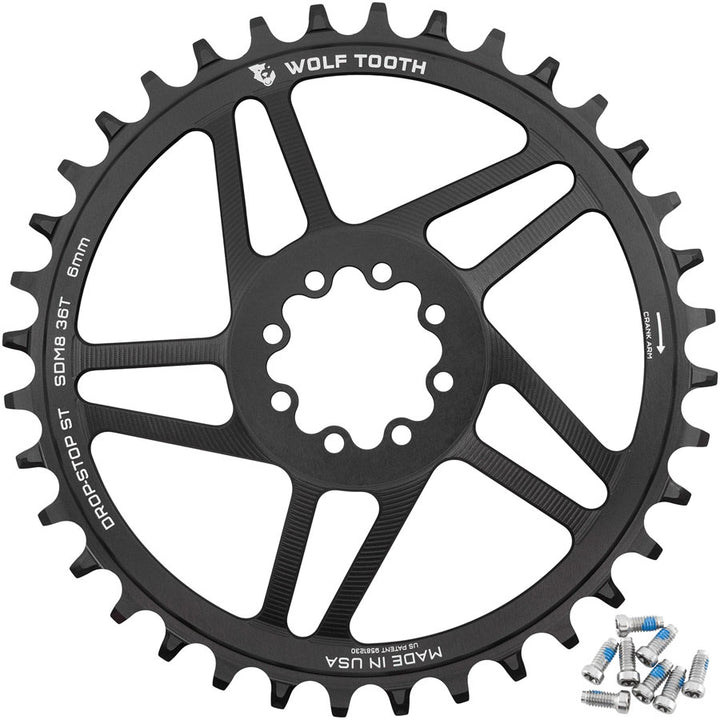 Wolf Tooth Direct Mount Chainring - 36t SRAM 8-Bolt Direct Mount 6mm Offset Drop-Stop ST Requires 12-Speed HG+ Chain BLK