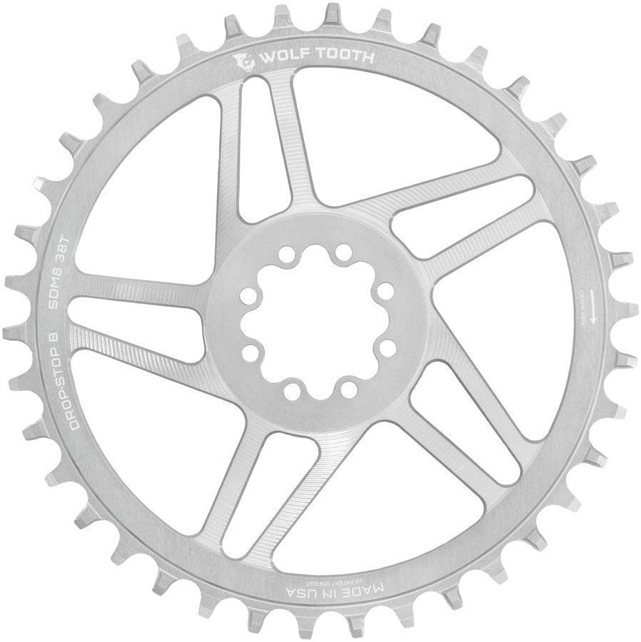 Wolf Tooth Direct Mount Chainring - 38t SRAM Direct Mount Drop-Stop B For SRAM 8-Bolt Cranksets 6mm Offset Raw Silver