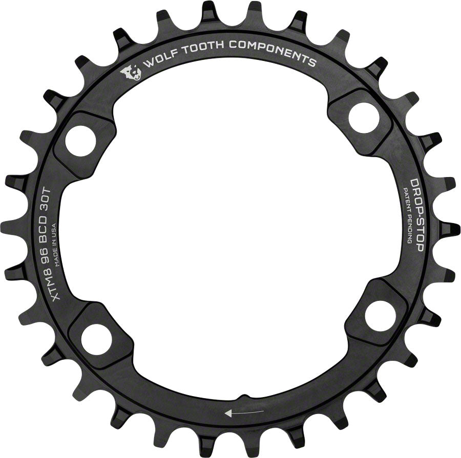 Wolf Tooth 96 BCD Chainring - 30t 96 Asymmetric BCD 4-Bolt Drop-Stop A For Shimano XT M8000 SLX M7000 Cranks BLK