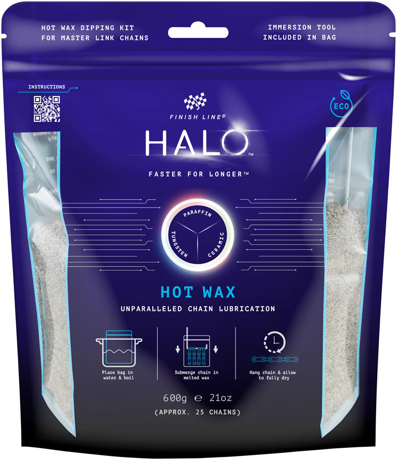 Finish Line HALO™ Hot Wax, premium hete was, 600 g, set met onderdompelgereedschap, waxpellets om te smelten, kettingwas voor fietsketting, kettingvet voor duurzaamheid, e-bike en fietsaccessoires