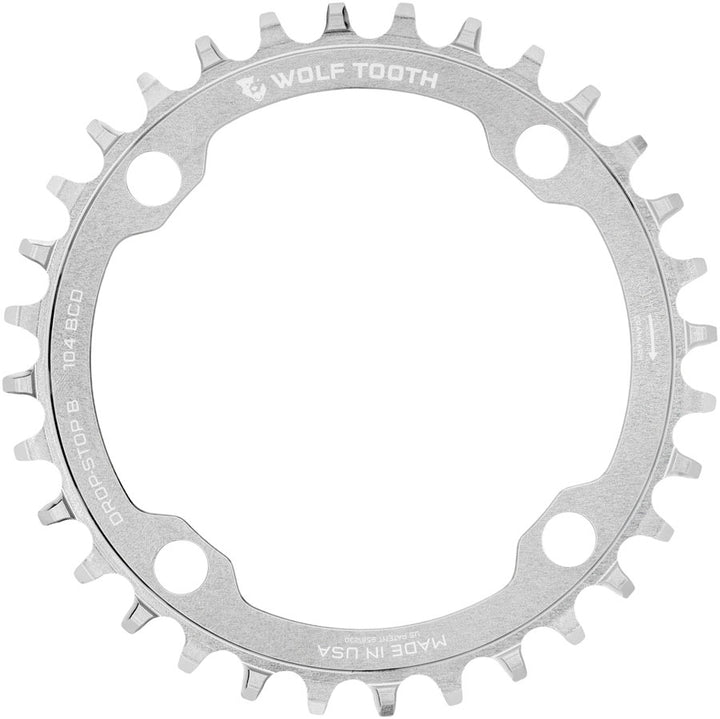 Wolf Tooth 104 BCD Chainring - 30t 104 BCD 4-Bolt Drop-Stop B Raw Silver