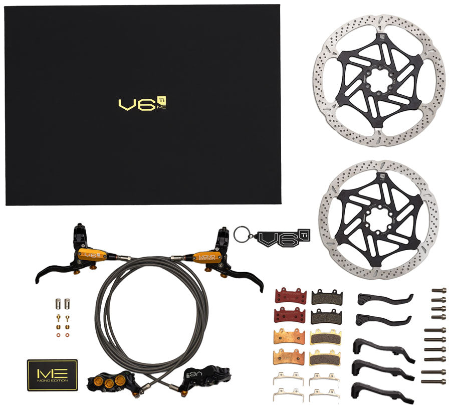 Hope EVO V6Ti Ltd Mono Edition Complete Disc Brake Boxset - Levers 6-Piston Calipers Vented Rotors Hoses Pads Hardware BLK/Gold