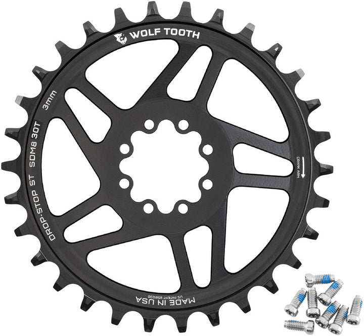 Wolf Tooth Direct Mount Chainring - 30t SRAM 8-Bolt Direct Mount 3mm Offset Drop-Stop ST Requires 12-Speed HG+ Chain BLK